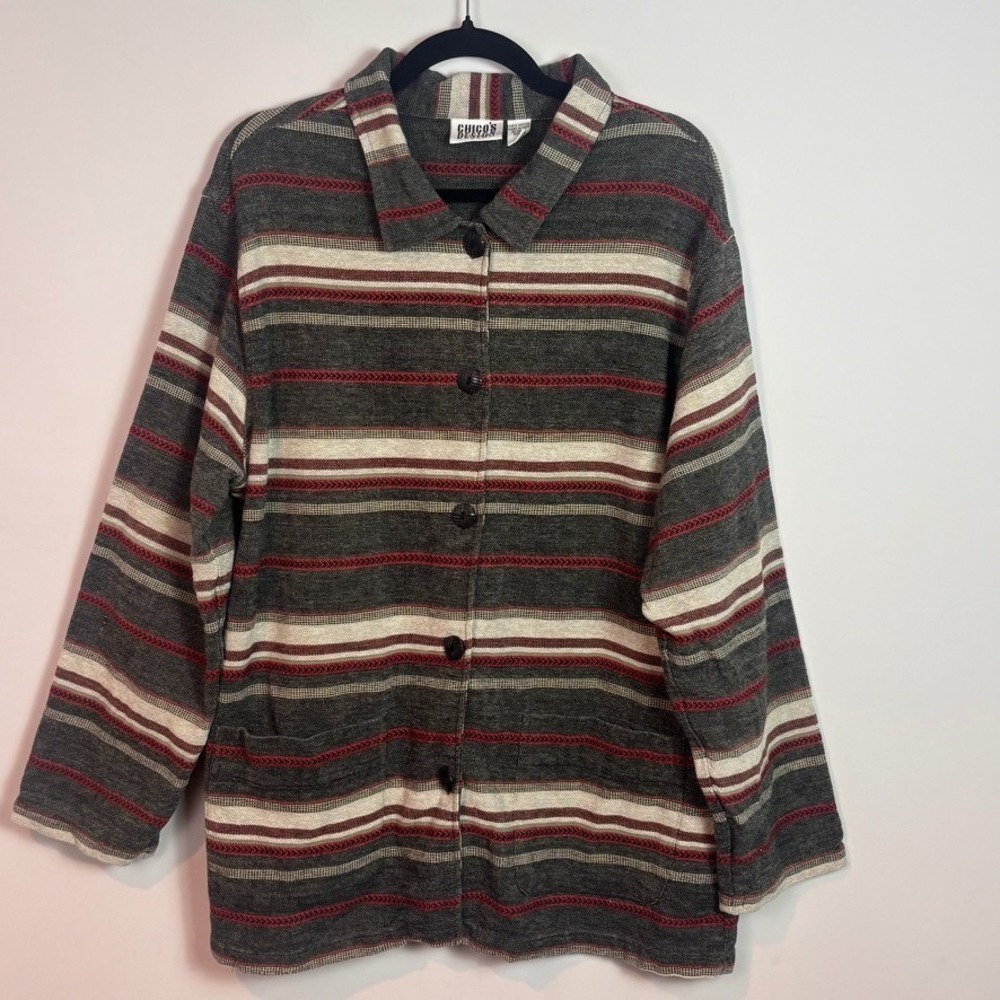 Vintage 90s Chico's Deisgn Womens 100% Cotton Aztec Jacket sz 3/XL Brown Striped